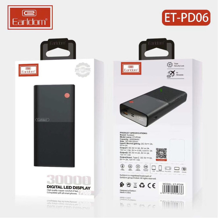 شارژ همراه ارلدام مدل ET-PD06 ظرفیت 30000 میلی آمپر ساعت