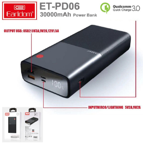شارژ همراه ارلدام مدل ET-PD06 ظرفیت 30000 میلی آمپر ساعت
